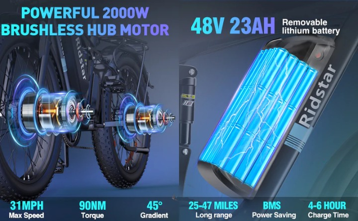 Vélo électrique Ridstar E26 Pro à double moteur 2000 W 48 V 23 Ah